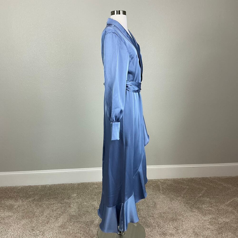 Mac Duggal 12506 Blue Wrap Cocktail Dress Satin Long Sleeve High Low Hem Size 8 - Picture 4 of 12